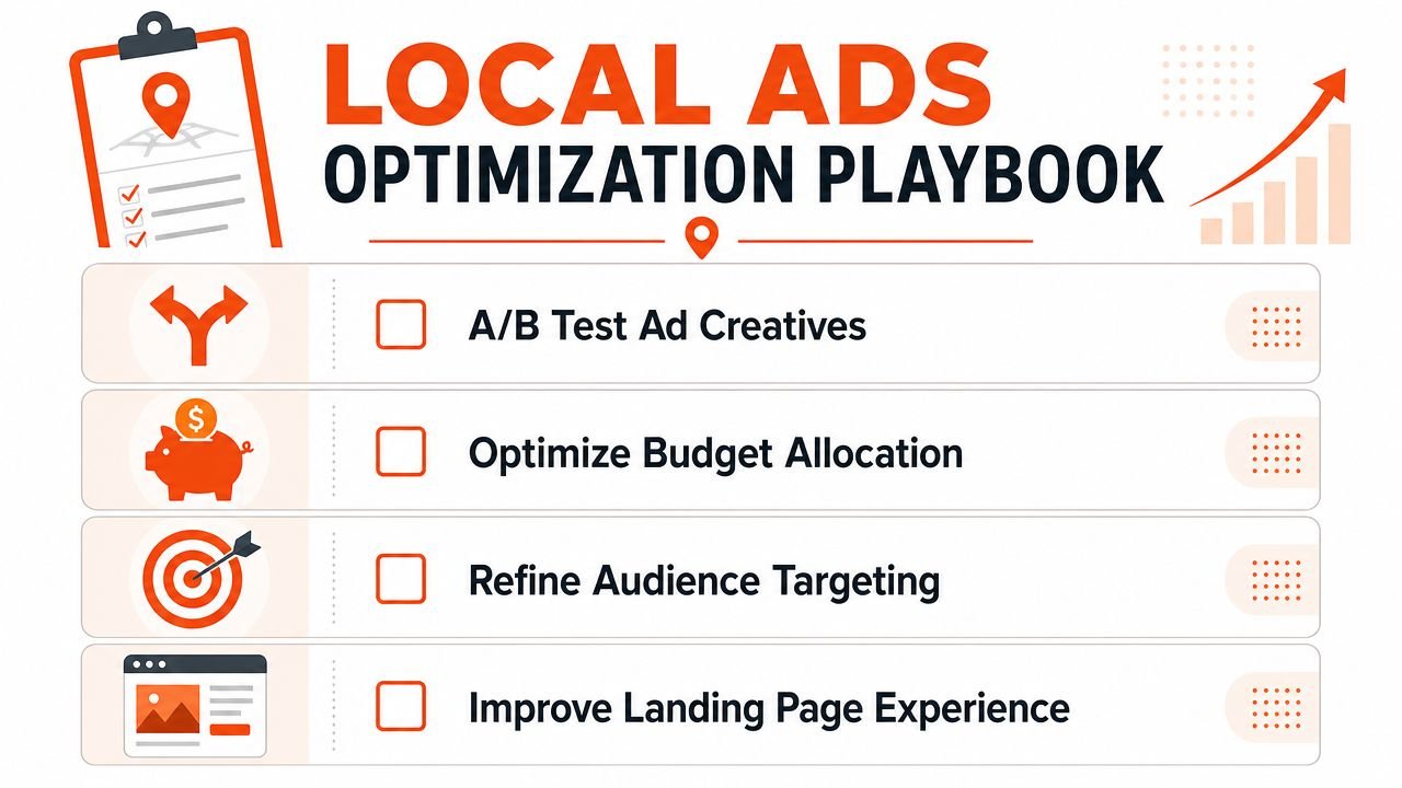 A checklist infographic titled Local Ads Optimization Playbook for optimizing local business advertising campaigns effectively.