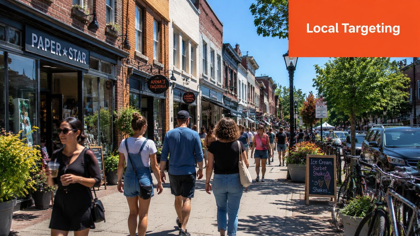 A diverse group of people walking down a sunny street lined with boutique shops and restaurants.