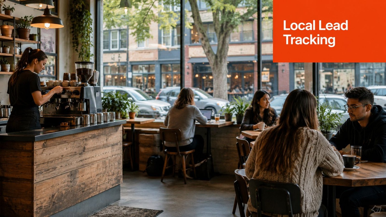 A woman working behind a coffee shop counter while customers sit at tables in a bright cafe.