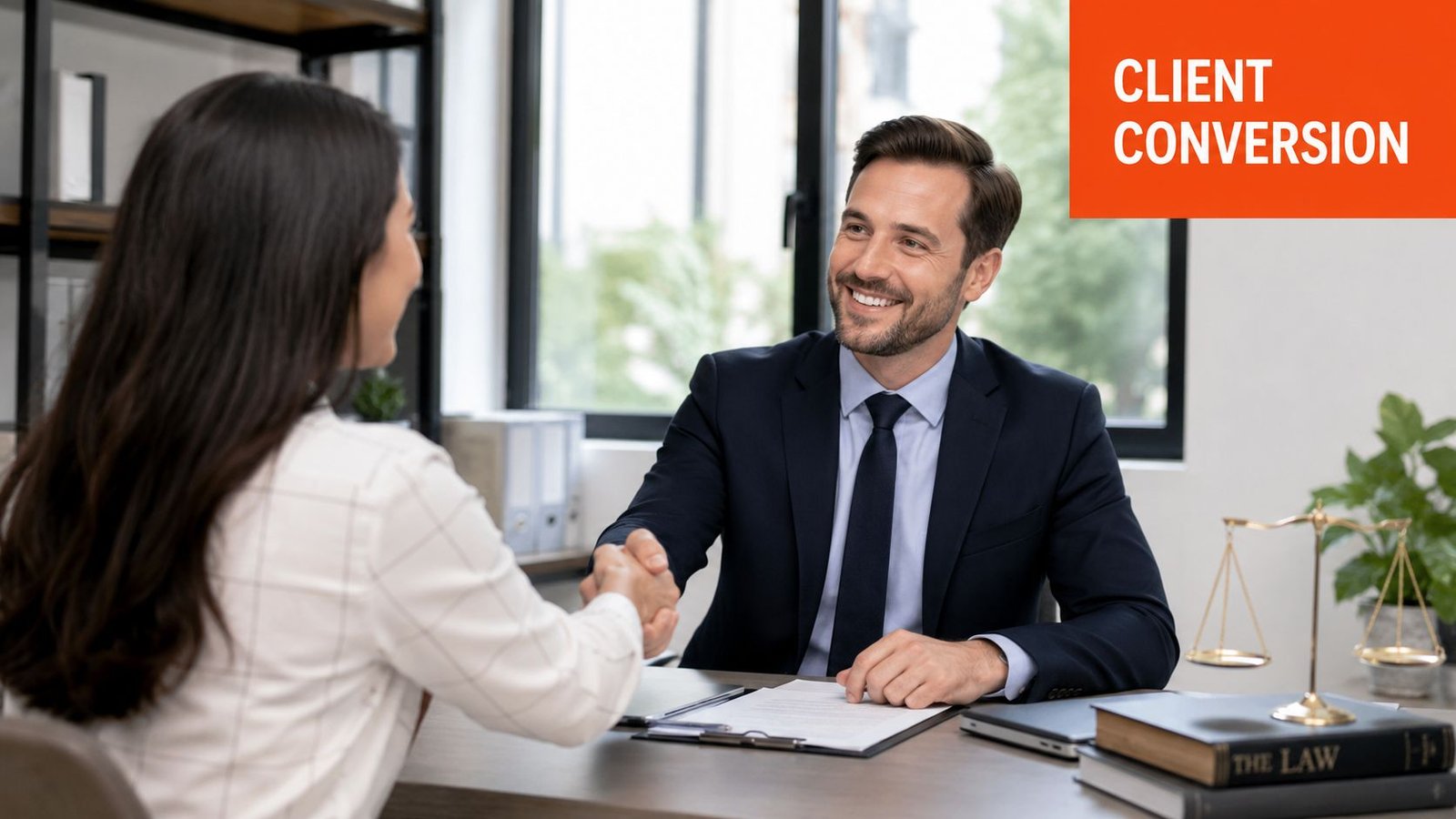 A smiling lawyer shaking hands with a female client across a desk in a professional office setting.