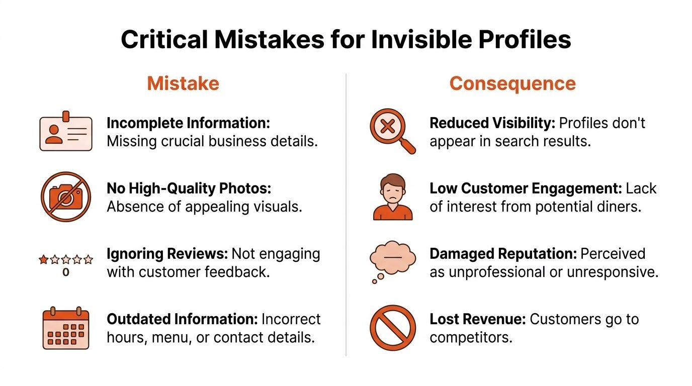 An infographic titled Critical Mistakes for Invisible Profiles showing common business profile errors and their negative consequences.