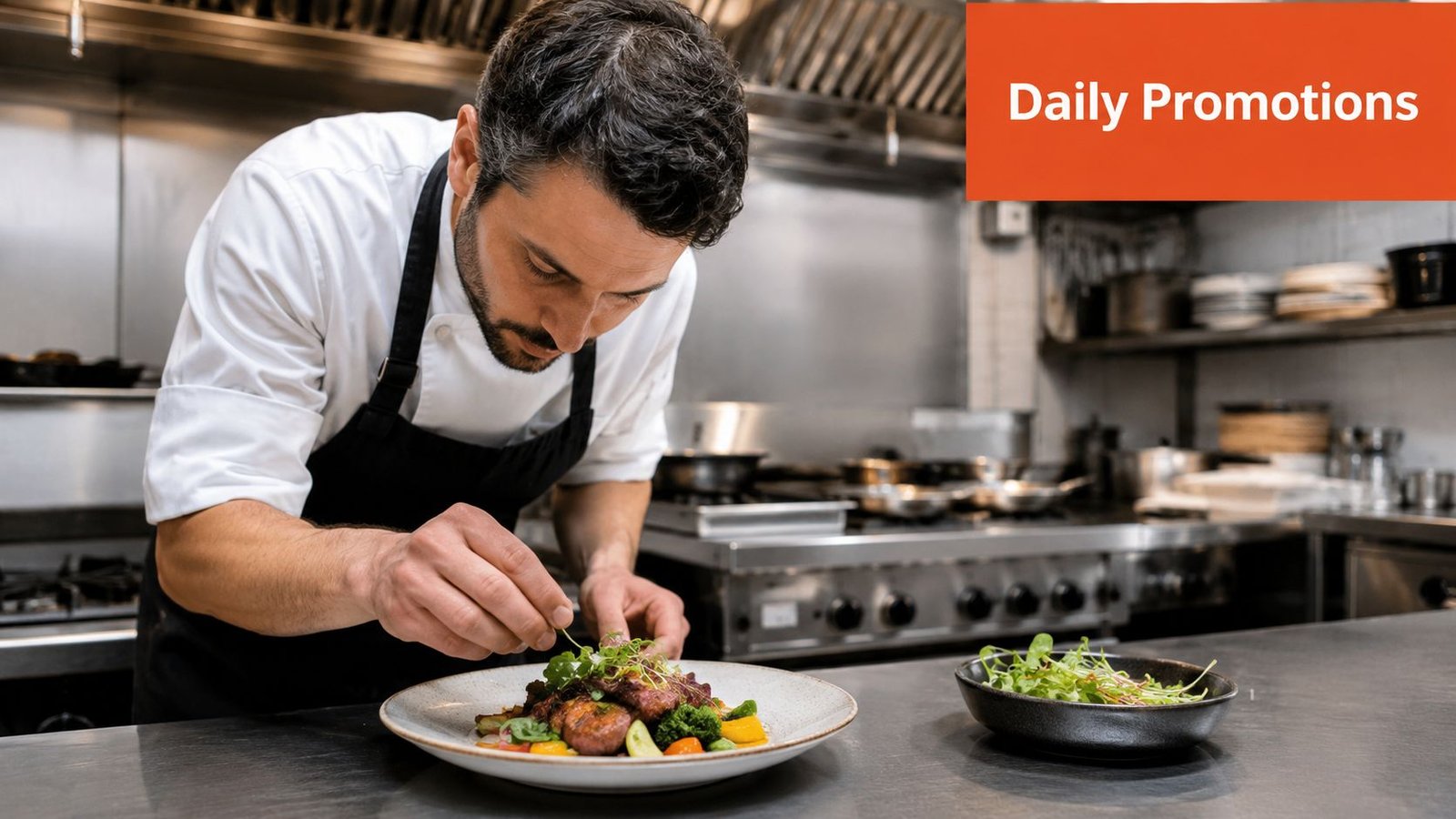 A professional chef carefully garnishing a gourmet plate in a professional restaurant kitchen during daily promotions.