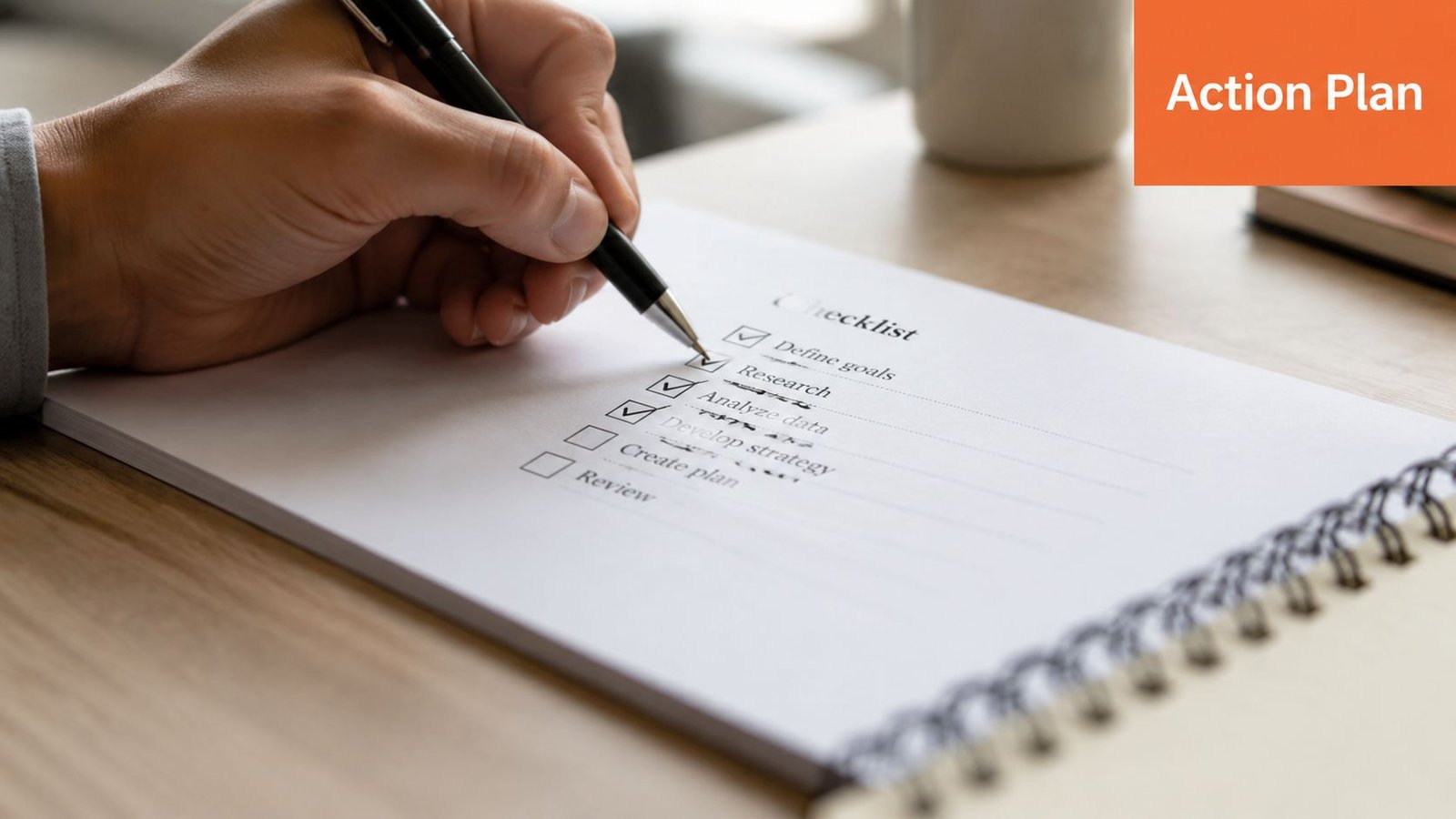 A close-up view of a person hand marking off items on a professional action plan checklist.