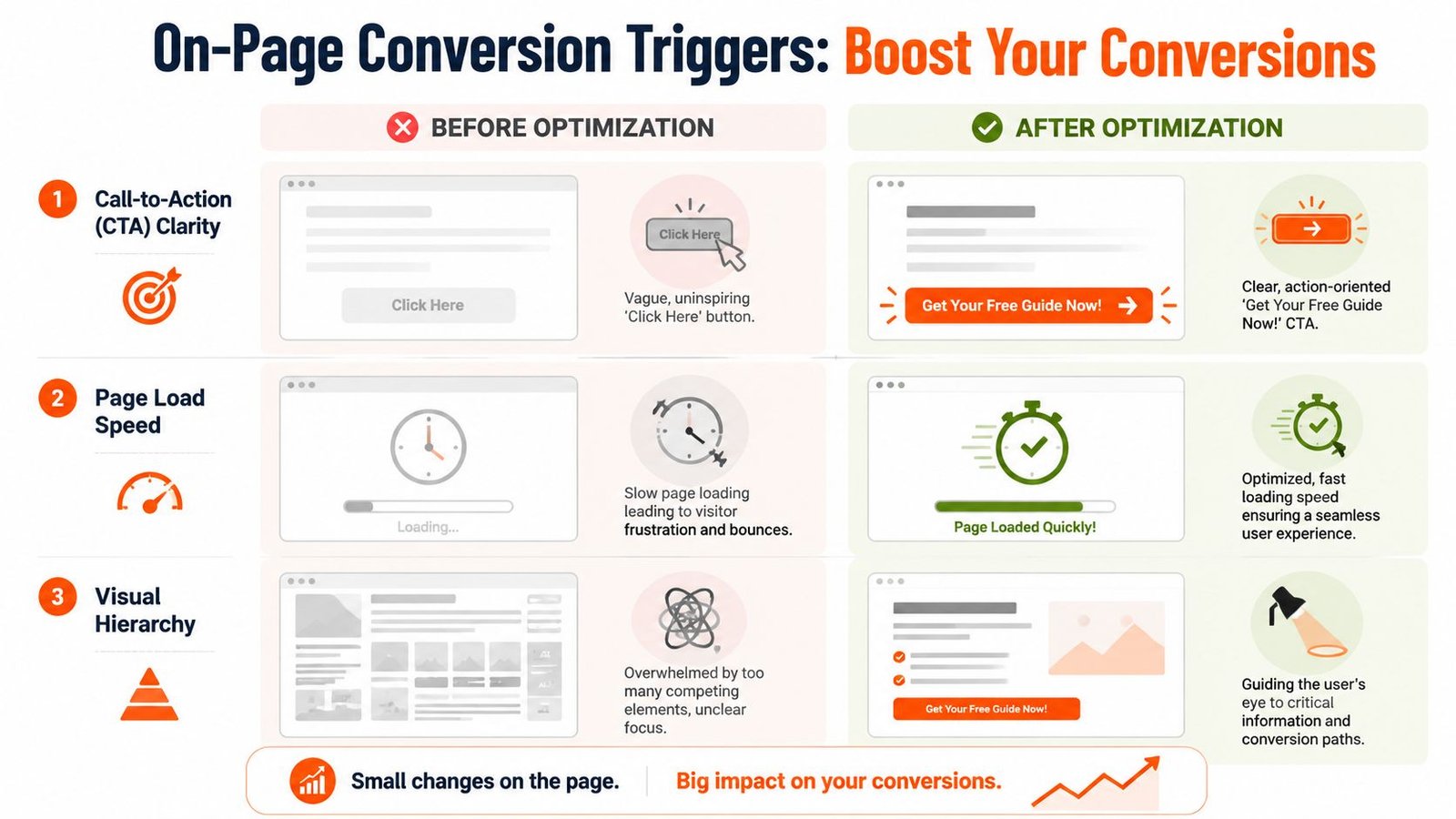 An infographic showing three ways to boost website conversions through CTA clarity, page speed, and visual hierarchy.