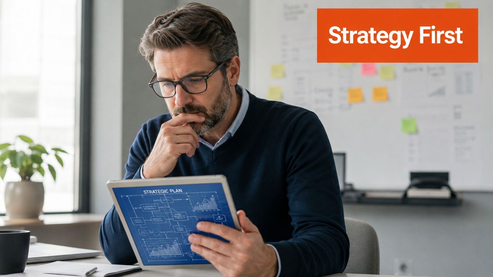 A professional man in glasses intently studying a strategic business plan on a digital tablet at his office desk.