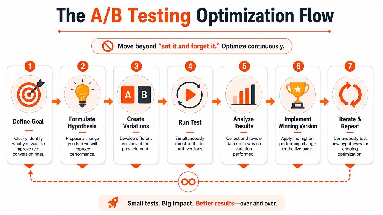 An infographic showing the seven-step A/B testing optimization process for continuous improvement and better marketing results.