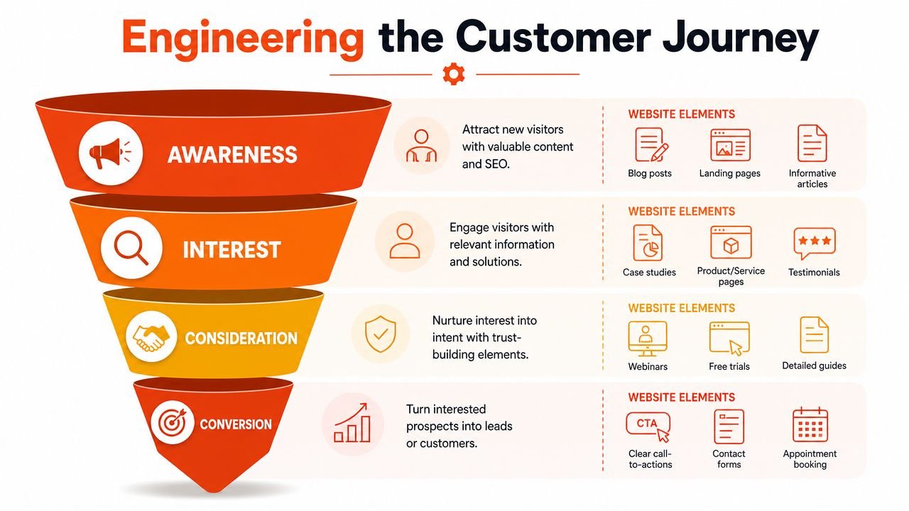 A marketing funnel infographic illustrating the stages of the customer journey and related website optimization elements.
