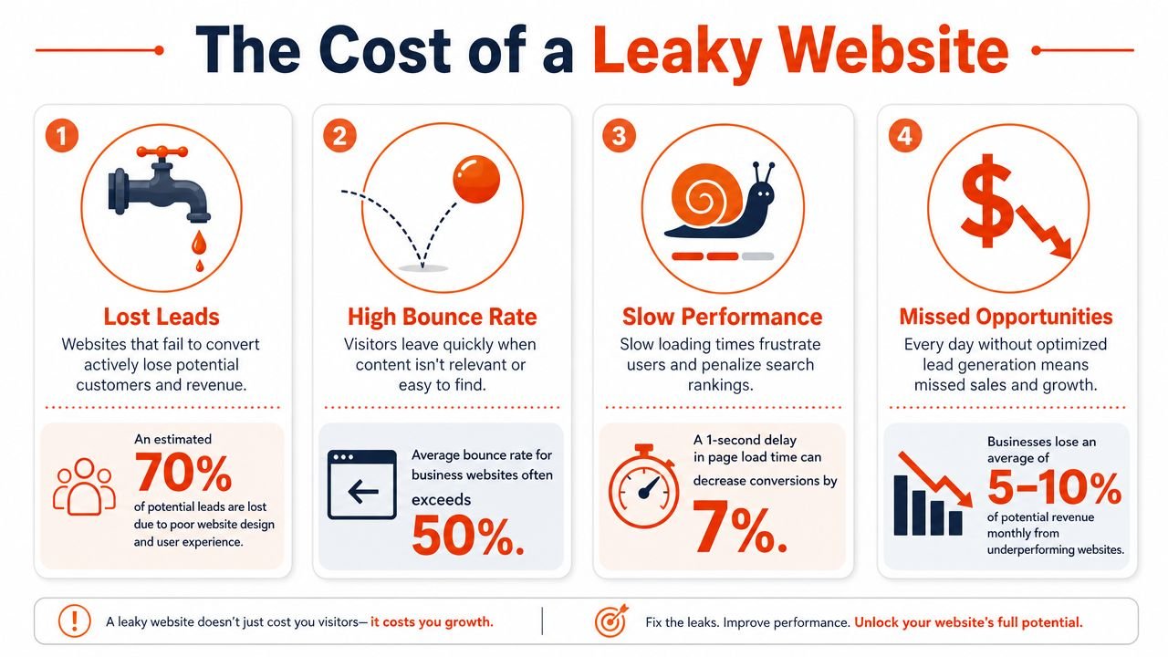 An infographic titled The Cost of a Leaky Website outlining four key risks for poorly performing business websites.