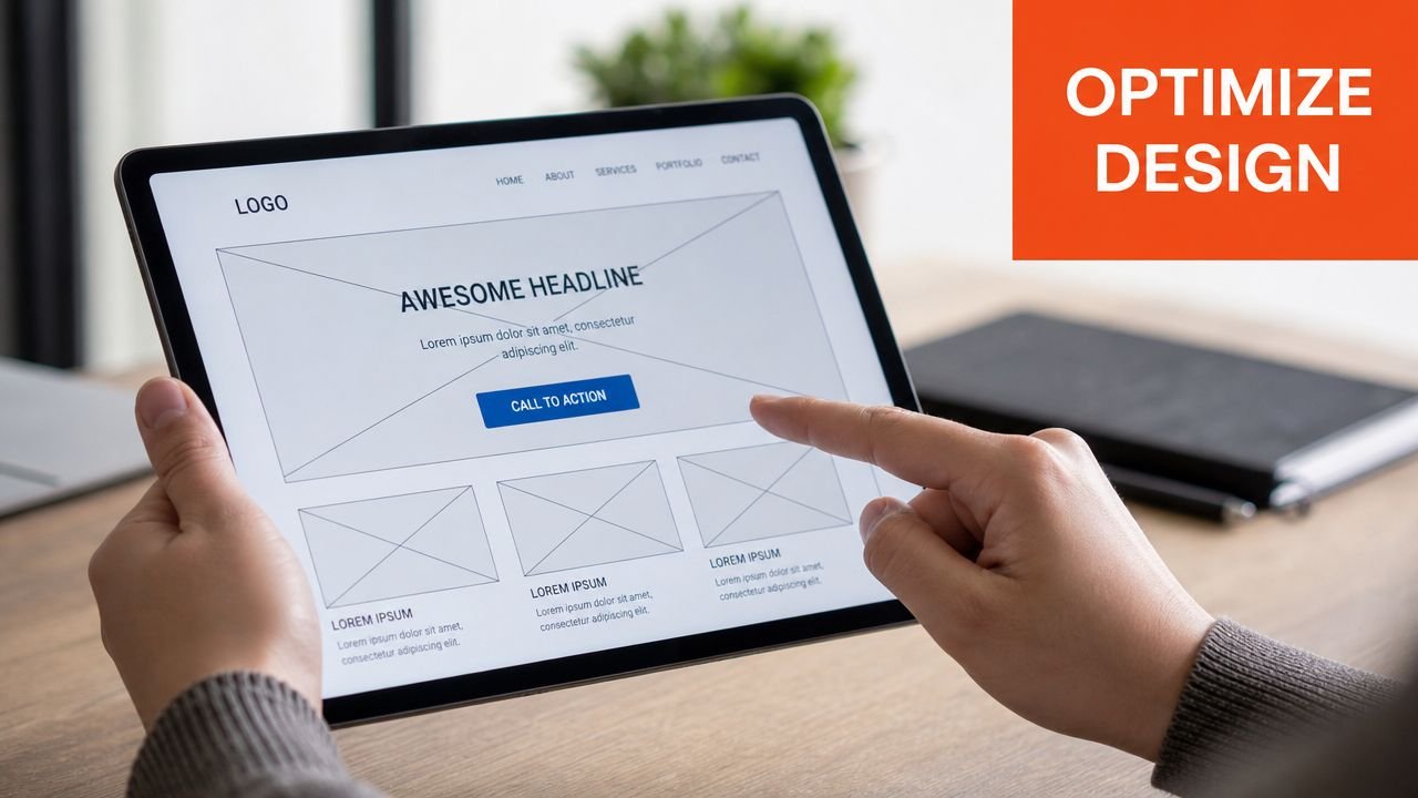 A person holding a tablet device displaying a wireframe layout for a lead generation website design.