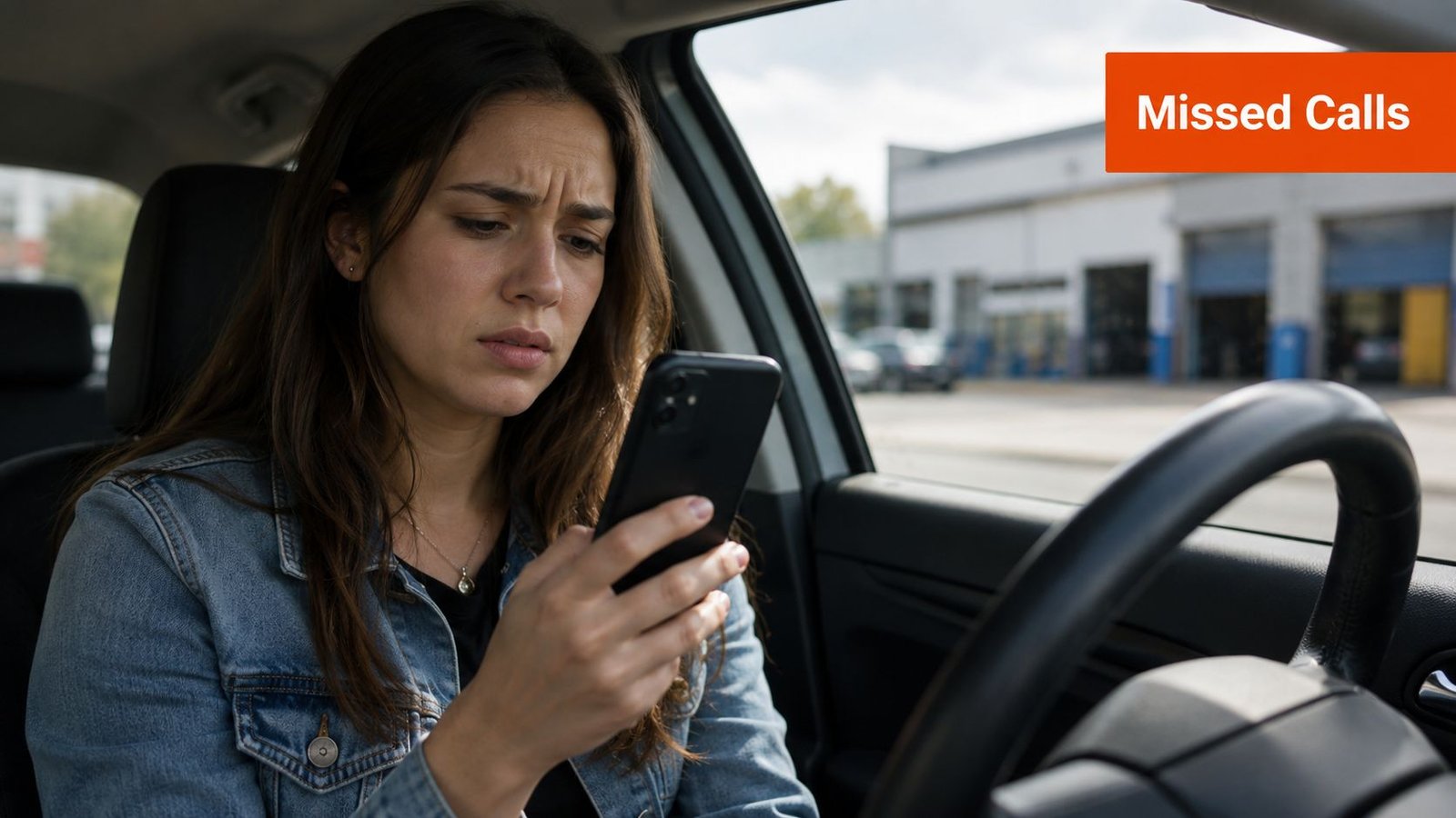 A concerned woman sitting in her car looking at her smartphone while parked near a repair shop.