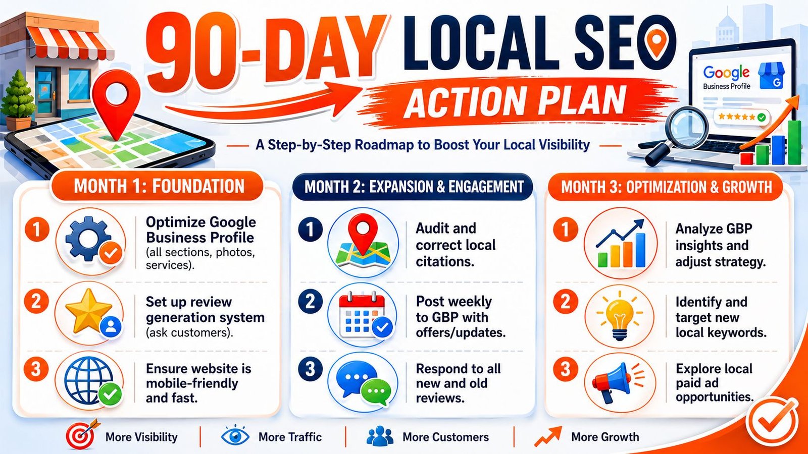 A 90-day local SEO action plan infographic with three monthly phases for improving business search visibility.