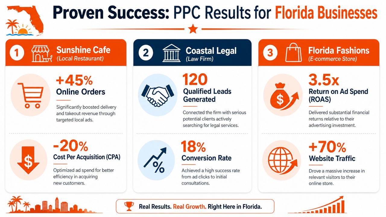 An infographic displaying successful pay-per-click advertising case studies for three diverse Florida business types.