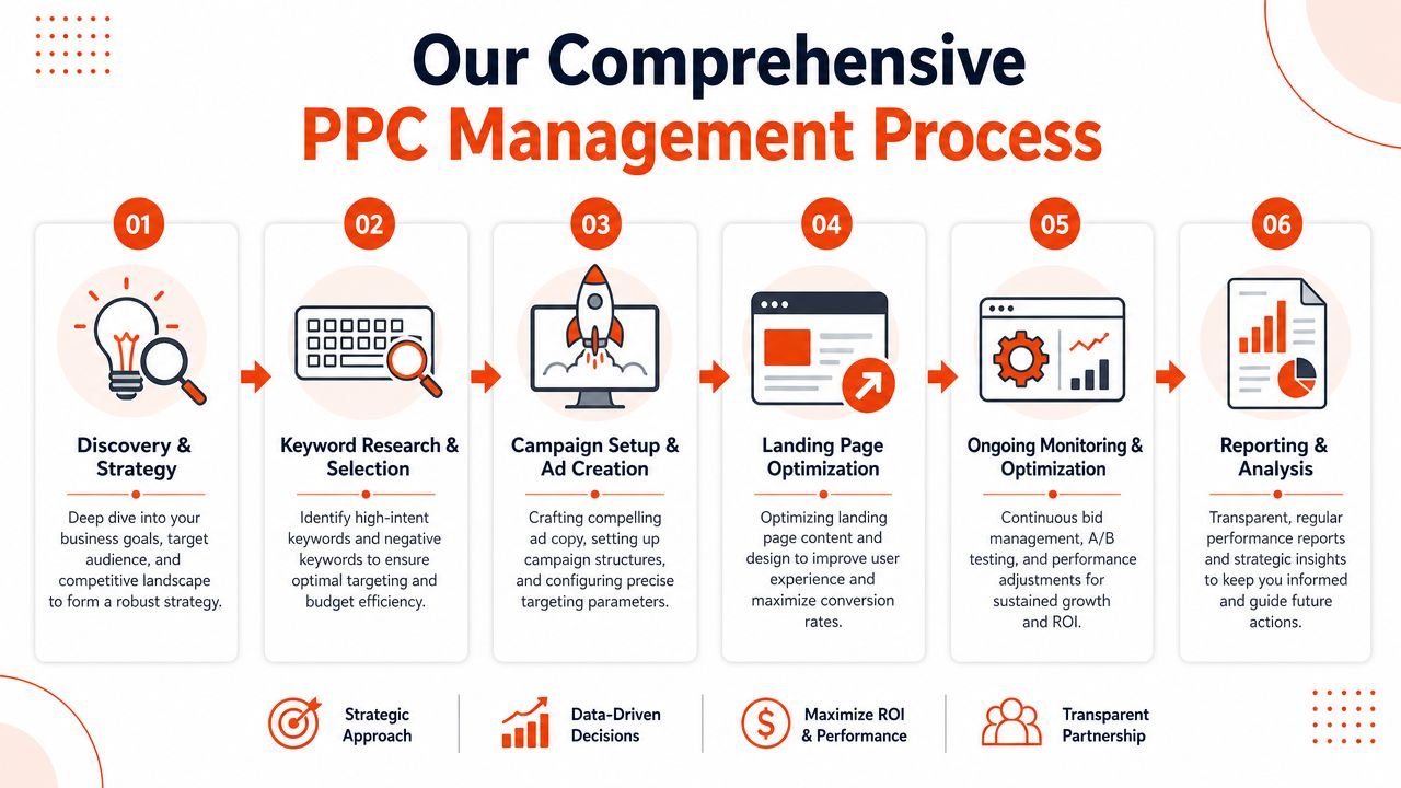 A six-step infographic detailing a comprehensive PPC advertising management process from strategy to final reporting and analysis.
