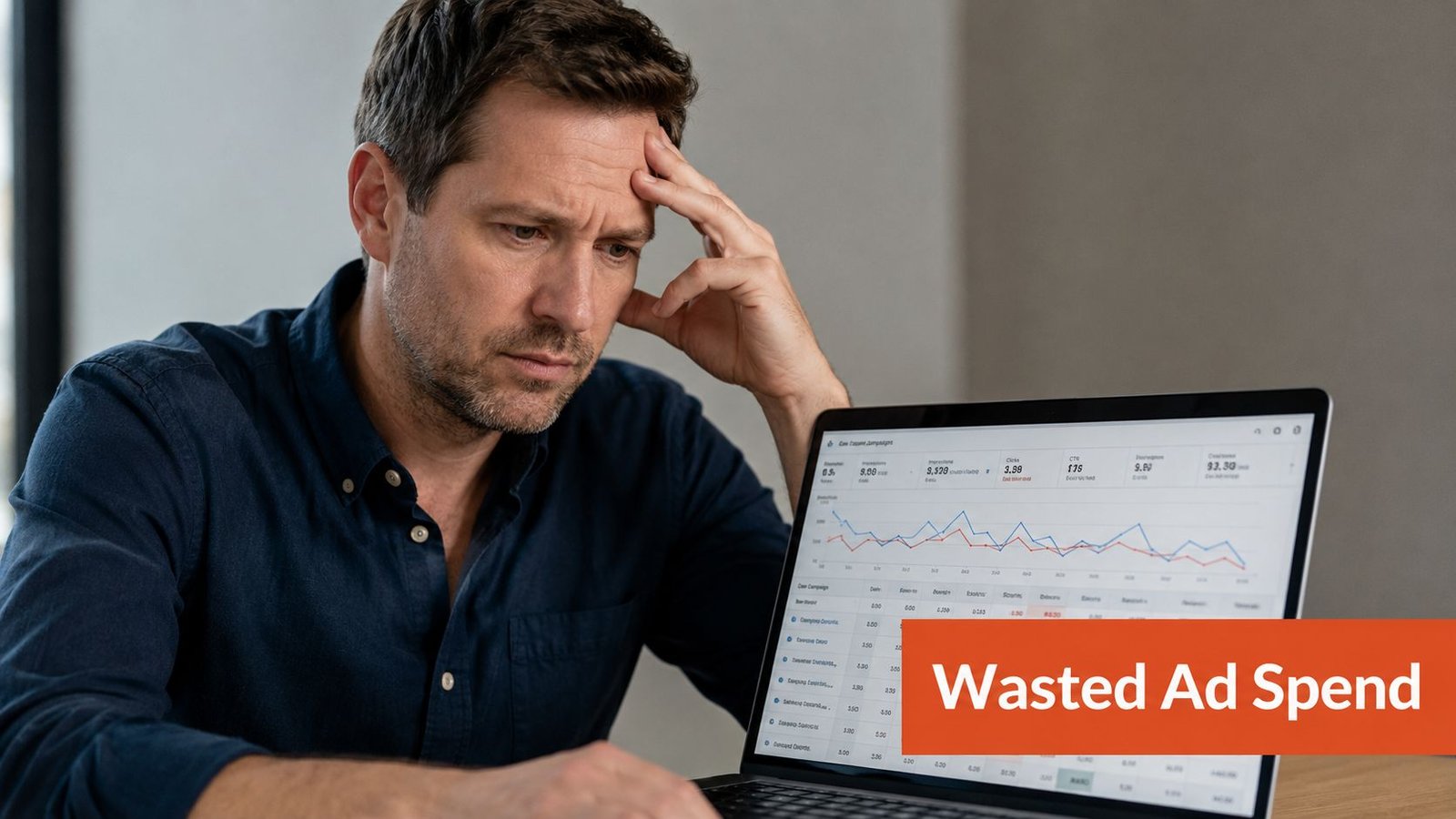 A concerned business owner analyzing a laptop dashboard showing declining performance metrics related to wasted ad spend.