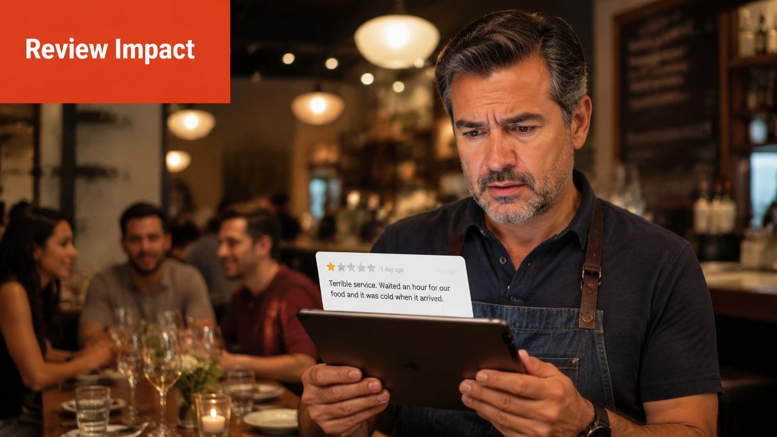 A concerned restaurant owner reading a negative one-star customer review on a tablet inside his restaurant.