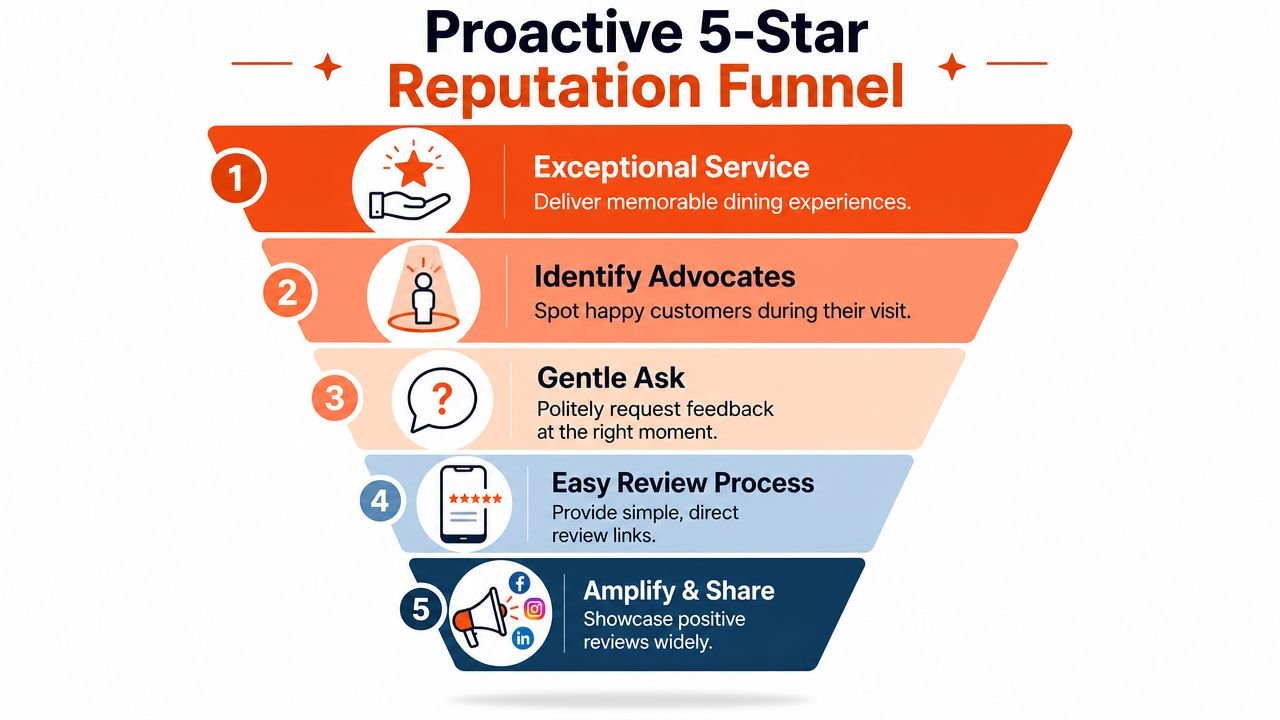 An infographic showing a five-step reputation funnel process for improving business customer reviews and dining experiences.