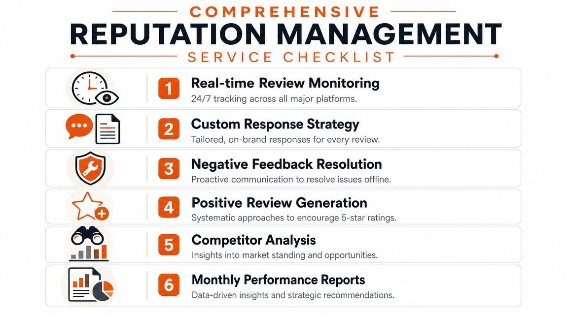 A comprehensive checklist for reputation management services featuring six key strategies for businesses to monitor and improve reviews.