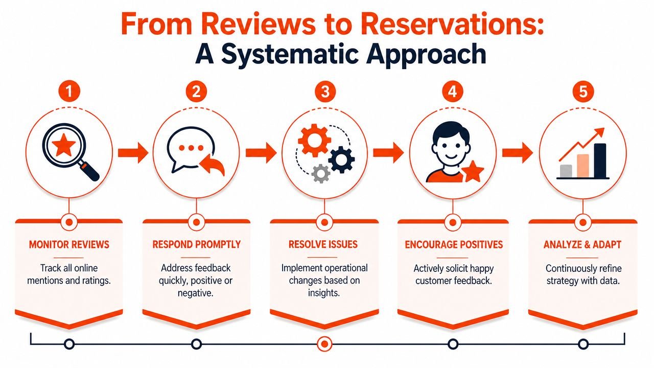 A five-step infographic showing a systematic approach for transforming online customer reviews into restaurant reservations.