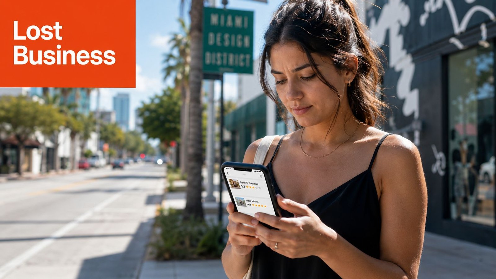 A young woman checks online customer reviews on her smartphone while standing in the Miami Design District.