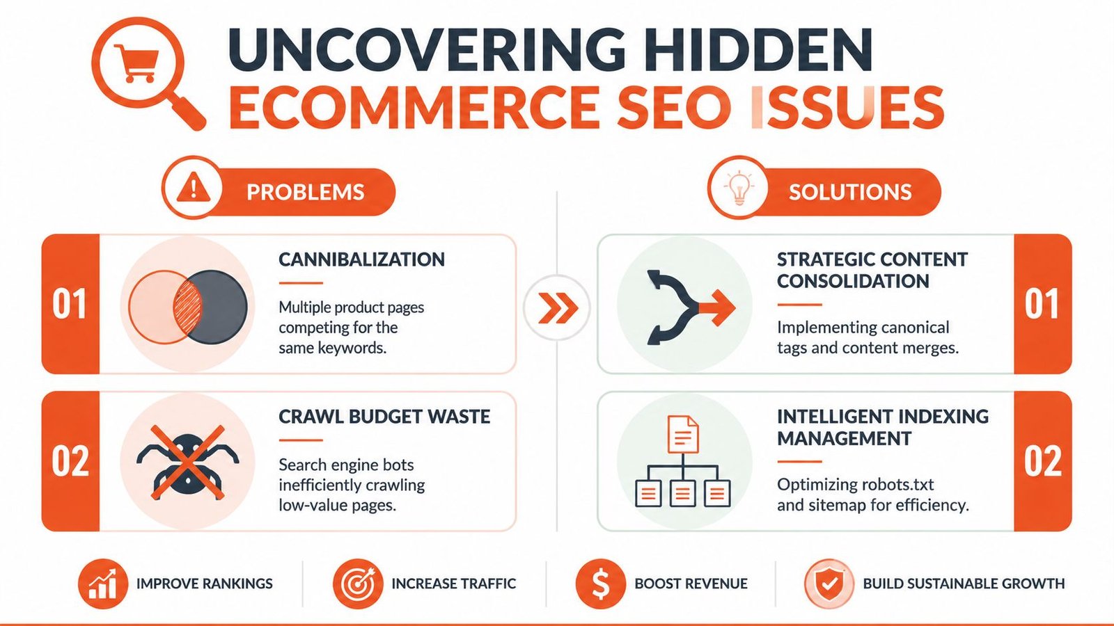 An infographic illustrating common ecommerce SEO problems like cannibalization and crawl waste alongside their strategic solutions.