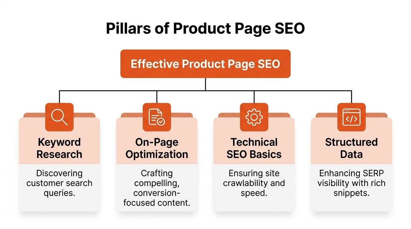 A diagram outlining the four core pillars of product page SEO for e-commerce websites.