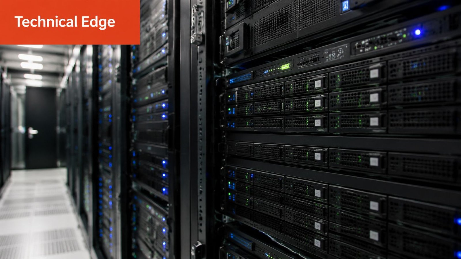 A rows of black server racks in a high-tech data center with blue and green status lights.
