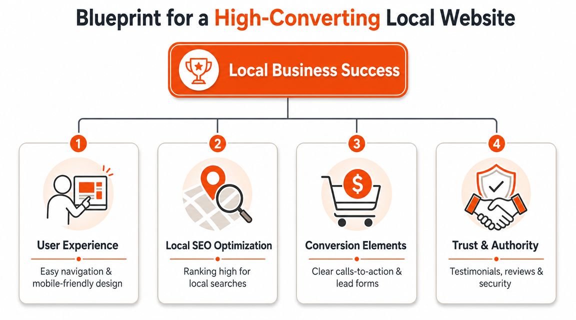 An infographic titled Blueprint for a High-Converting Local Website, showing four key elements for online success.