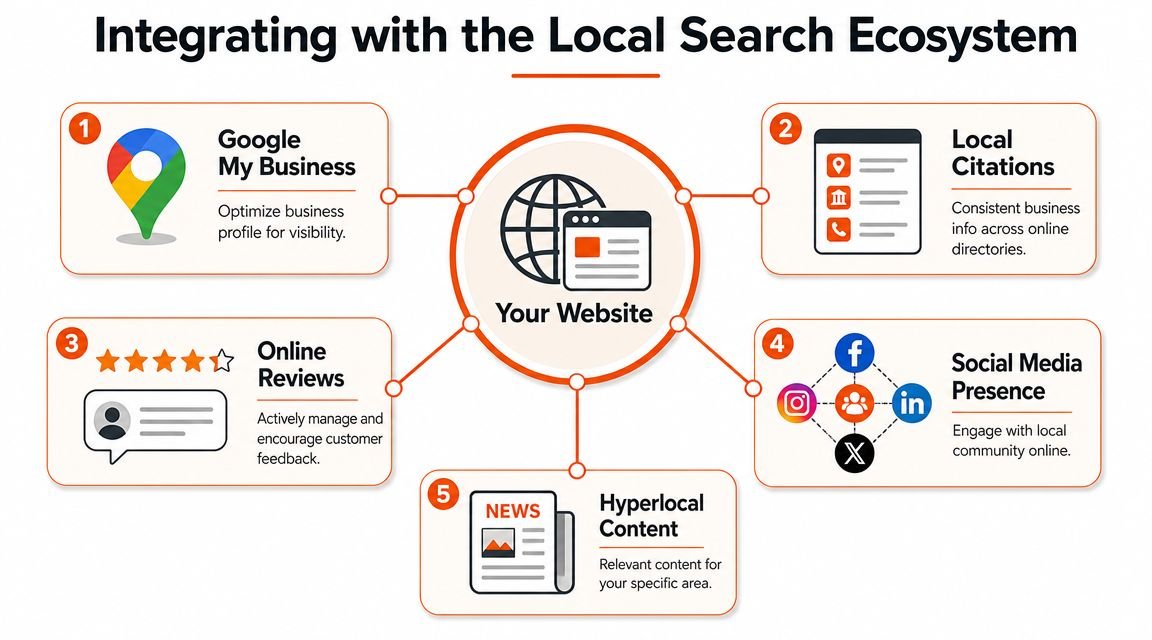 A diagram illustrating five essential components for integrating a local business website into the online search ecosystem.