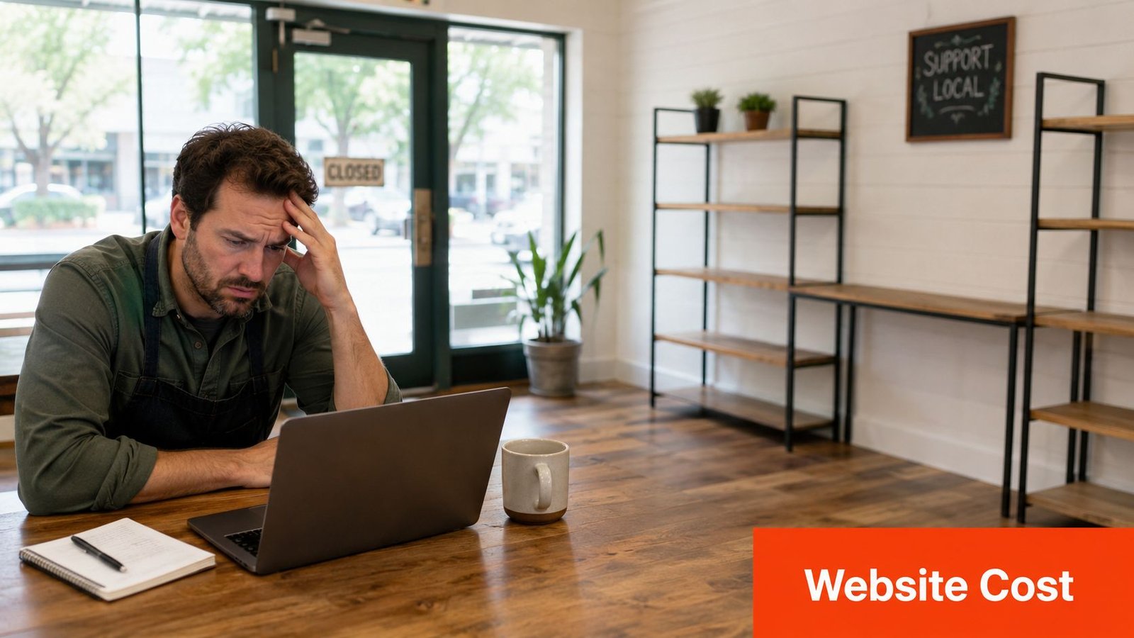 A stressed small business owner sitting at a wooden table looking at a laptop computer.
