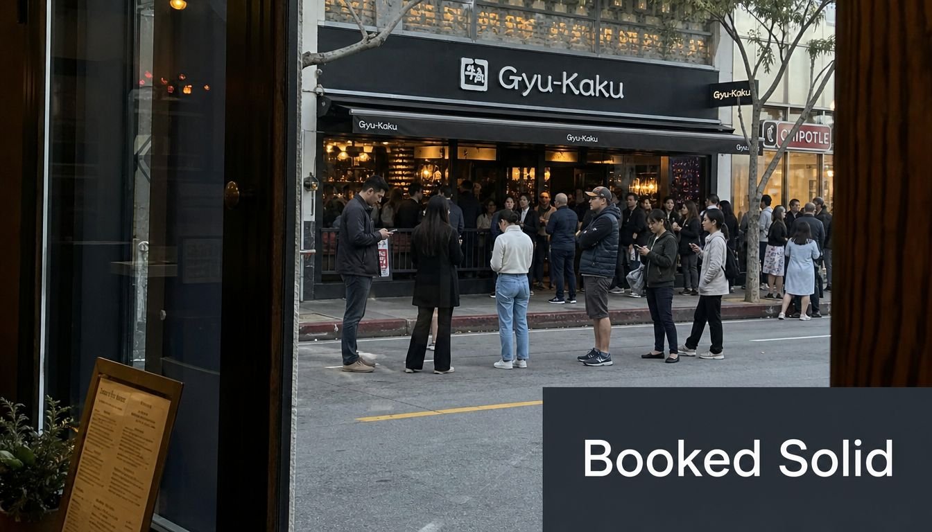 A line of people waiting outside a Gyu-Kaku restaurant during the busy evening hours on a city street.