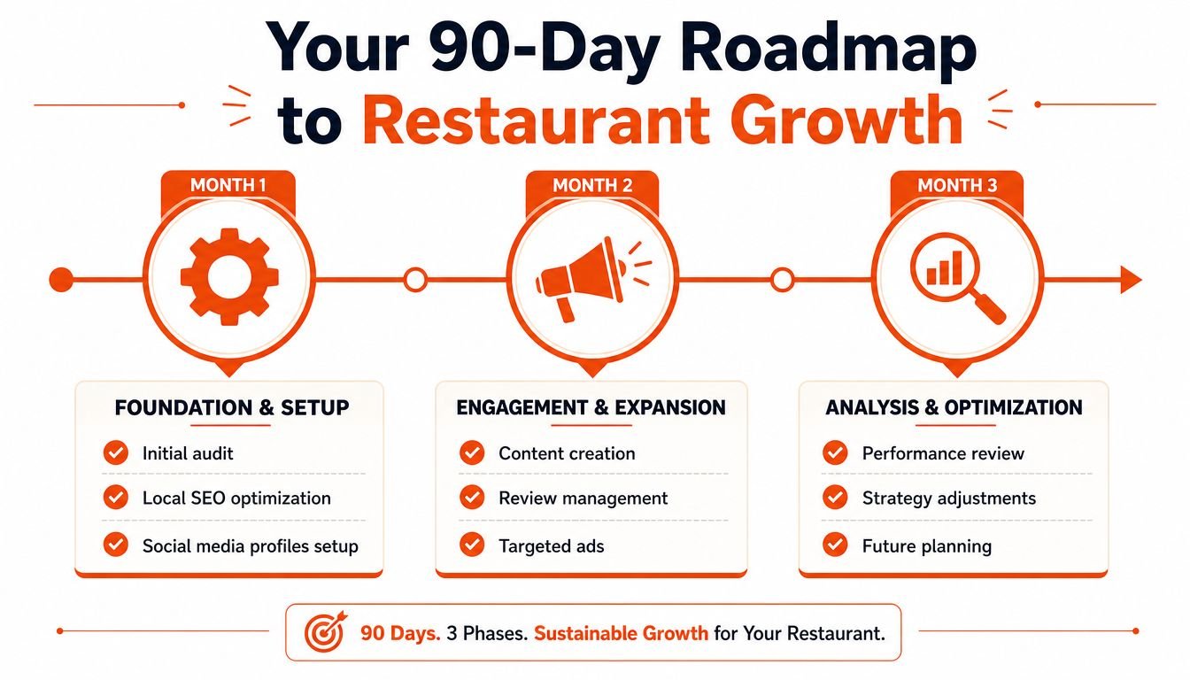 A 90-day roadmap infographic outlining restaurant growth strategies across three monthly phases of foundation, engagement, and optimization.