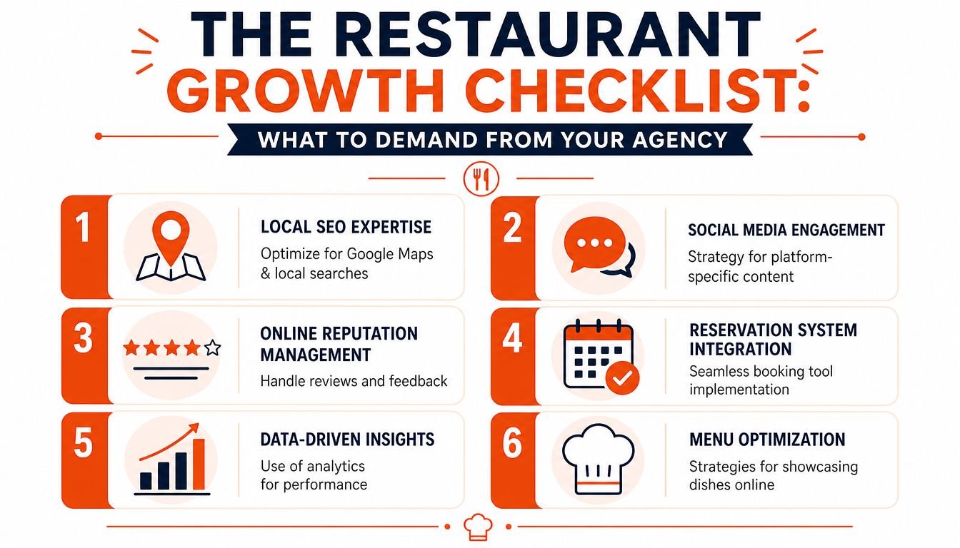 A checklist infographic detailing essential growth services for restaurants to demand from their marketing agency.
