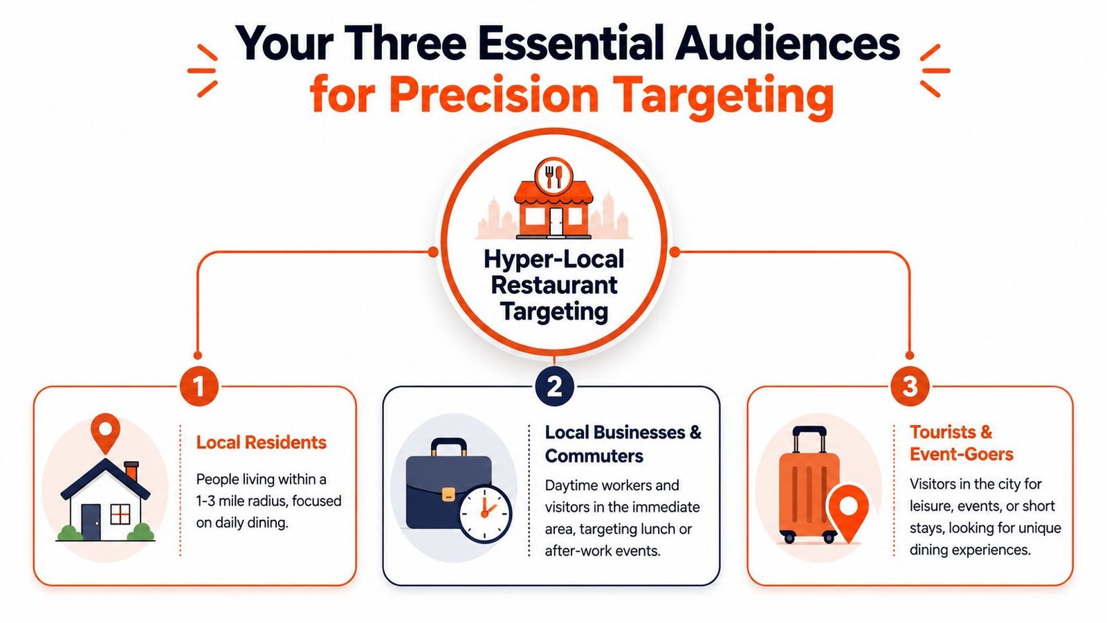 A visual guide outlining three essential target audiences for restaurant marketing, including residents, commuters, and tourists.