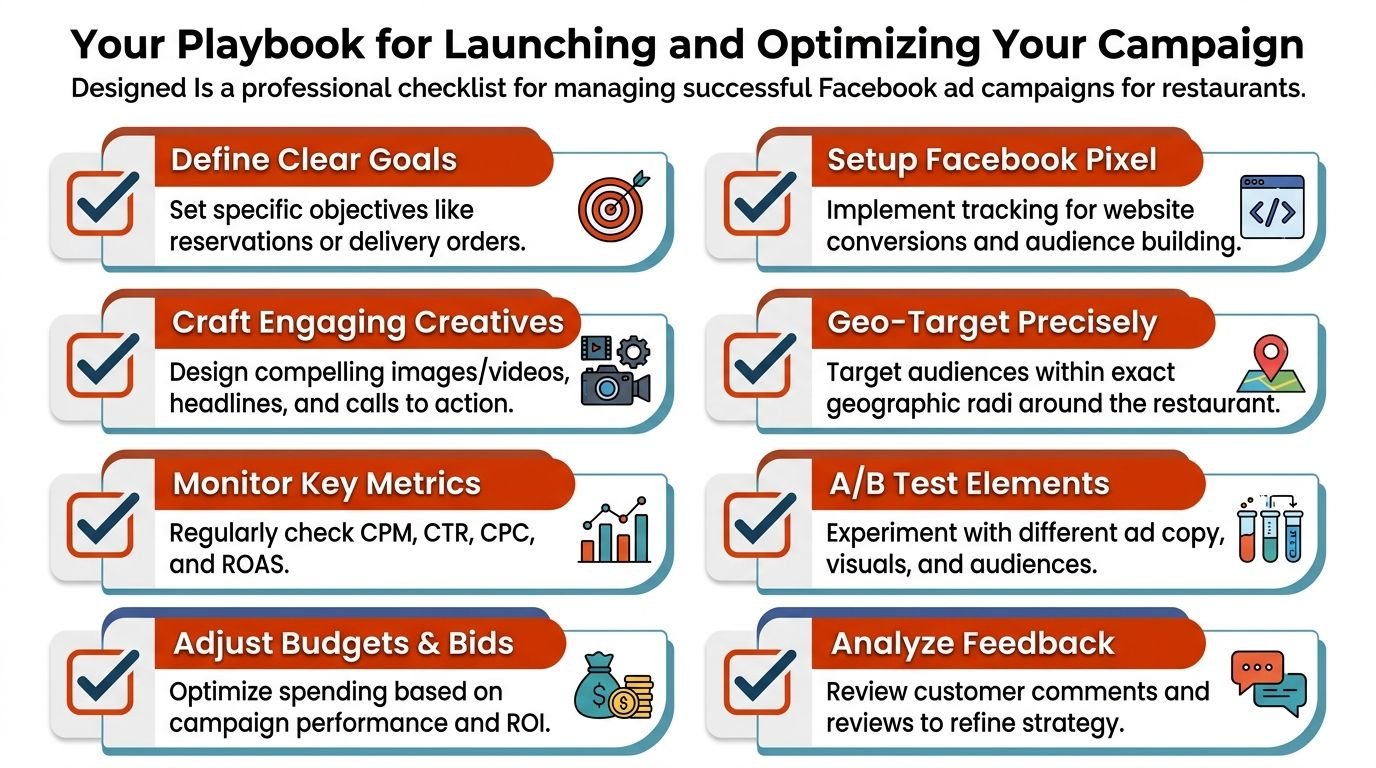 A professional checklist infographic for launching and optimizing Facebook ad campaigns specifically designed for restaurant businesses.