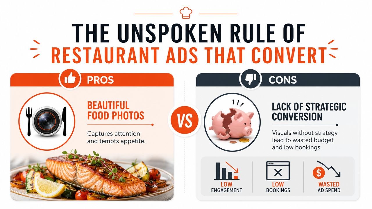 An infographic comparing the pros of beautiful food photography with the cons of lacking strategic advertising for restaurants.