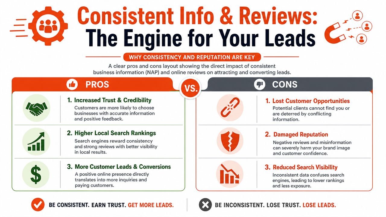 An infographic comparing the pros and cons of consistent business information and online reviews for lead generation.