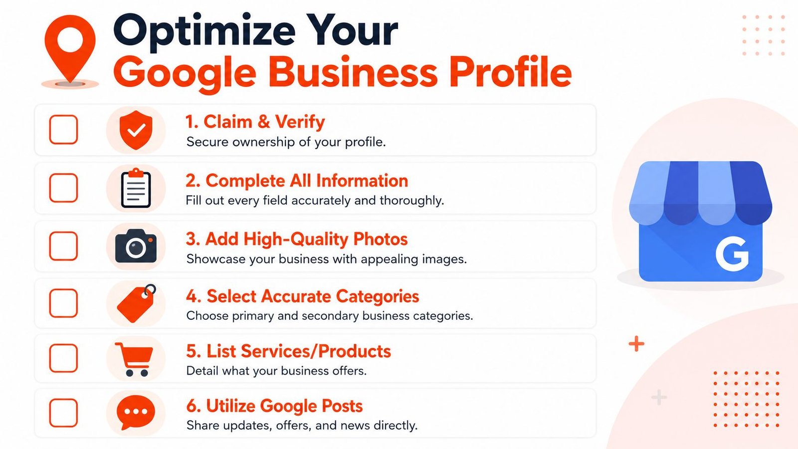 A checklist infographic illustrating six essential steps to optimize a Google Business Profile for local search success.