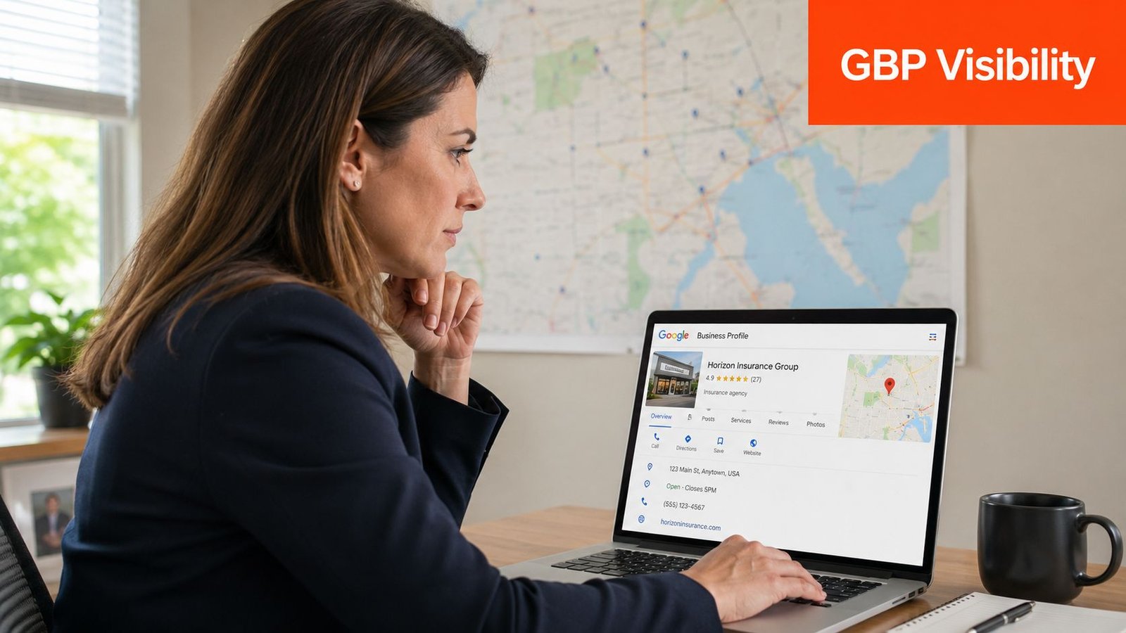 A professional woman working on a laptop showcasing a Google Business Profile for an insurance agency.