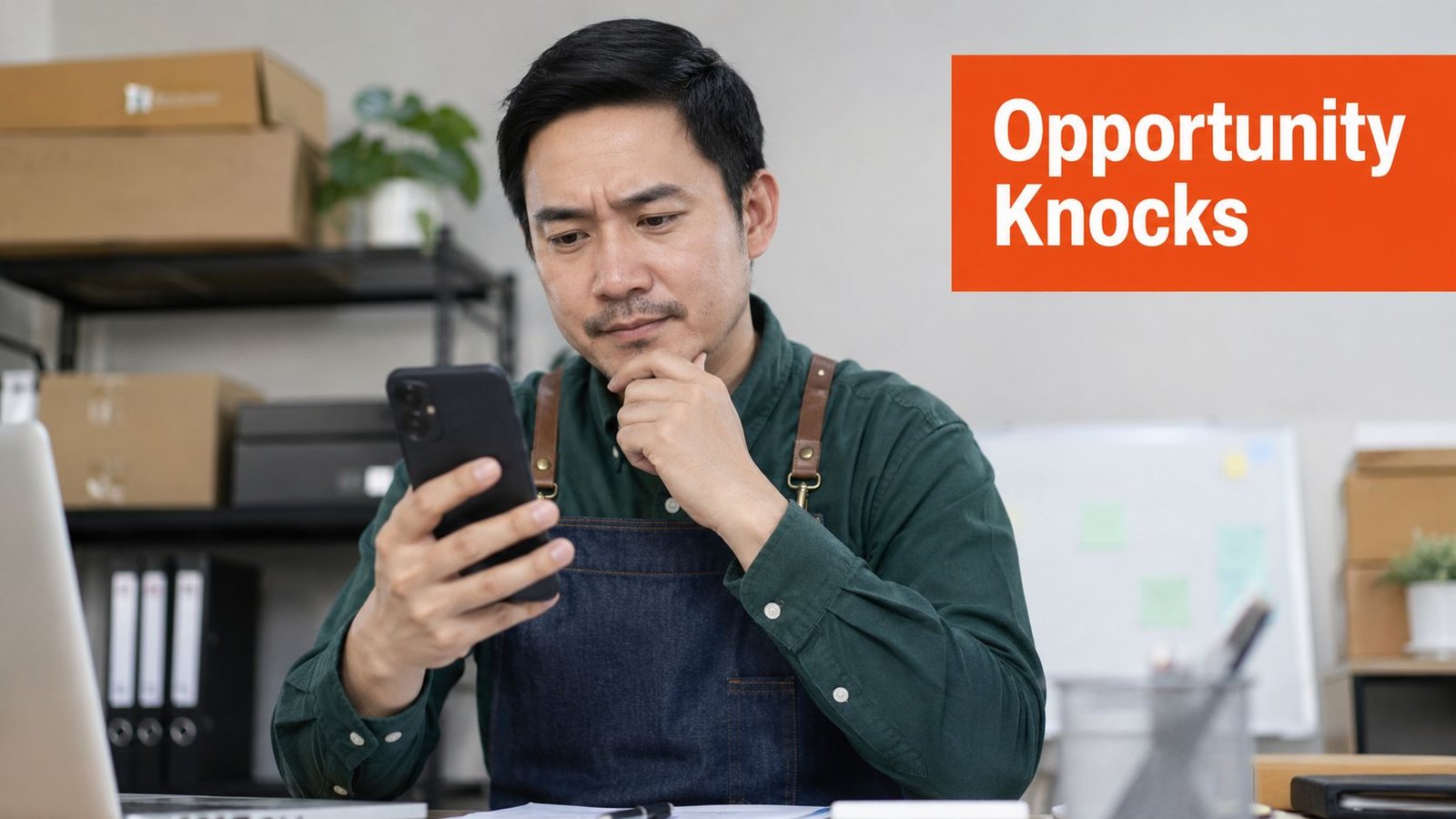 A man in an apron looks thoughtfully at his smartphone while working in his small business office.