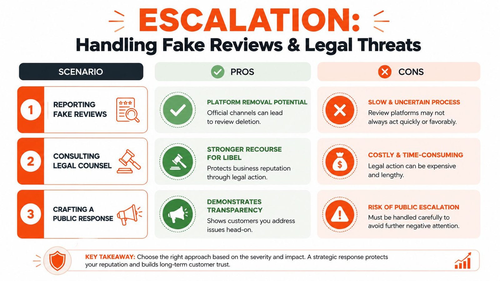 A chart outlining strategies for handling fake online reviews and legal threats including reporting, legal, and public responses.