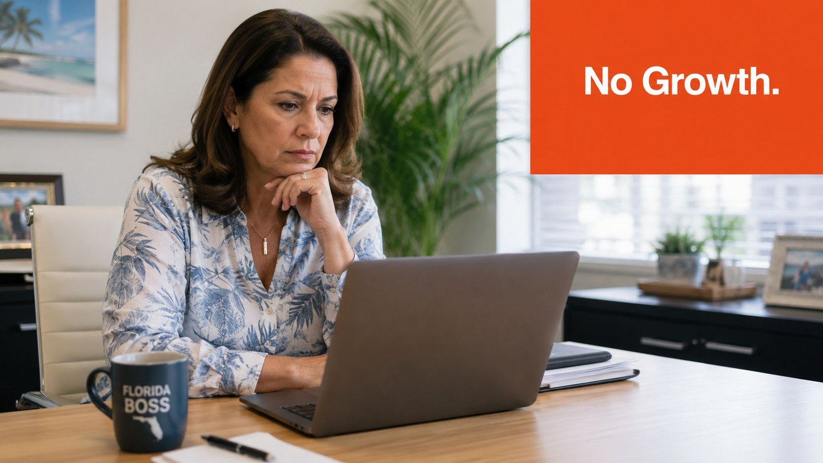 A professional woman sitting at her office desk looking concerned while viewing her laptop screen.