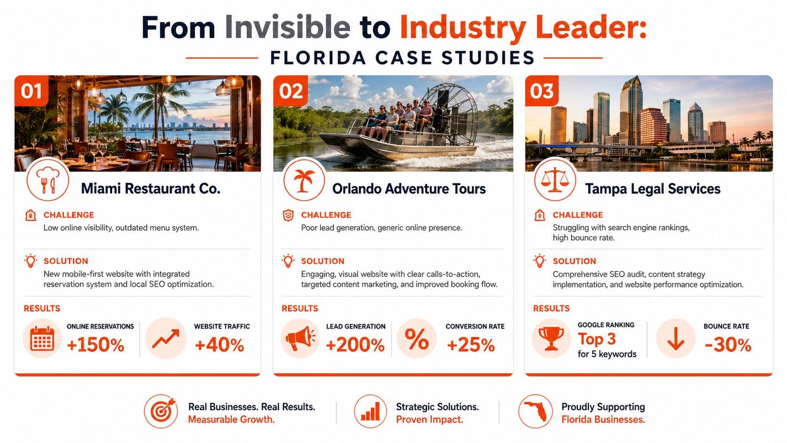 An infographic showcasing case studies of Florida businesses achieving growth through web development and SEO services.